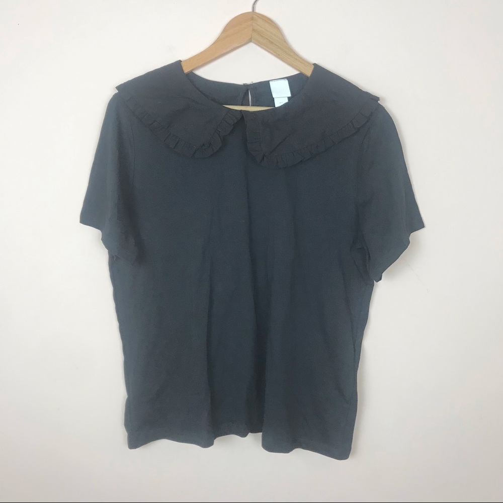 H&M Ruffled Peter Pan Oversized Collar Basic Black Tee Size Large Cottage Core